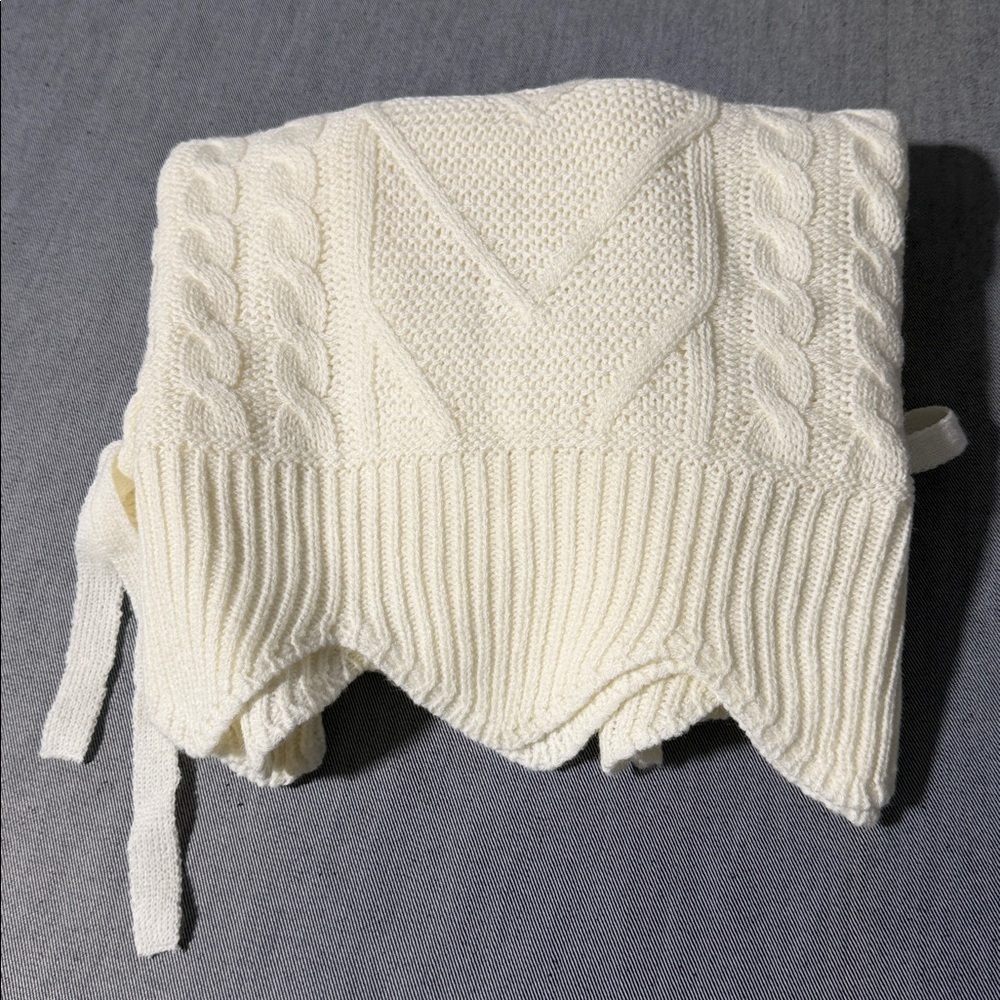 No Comment Cable Knit Sweater M Cream Lace Up Boho Scalloped Hem Acrylic F - 20 - Picture 7 of 7